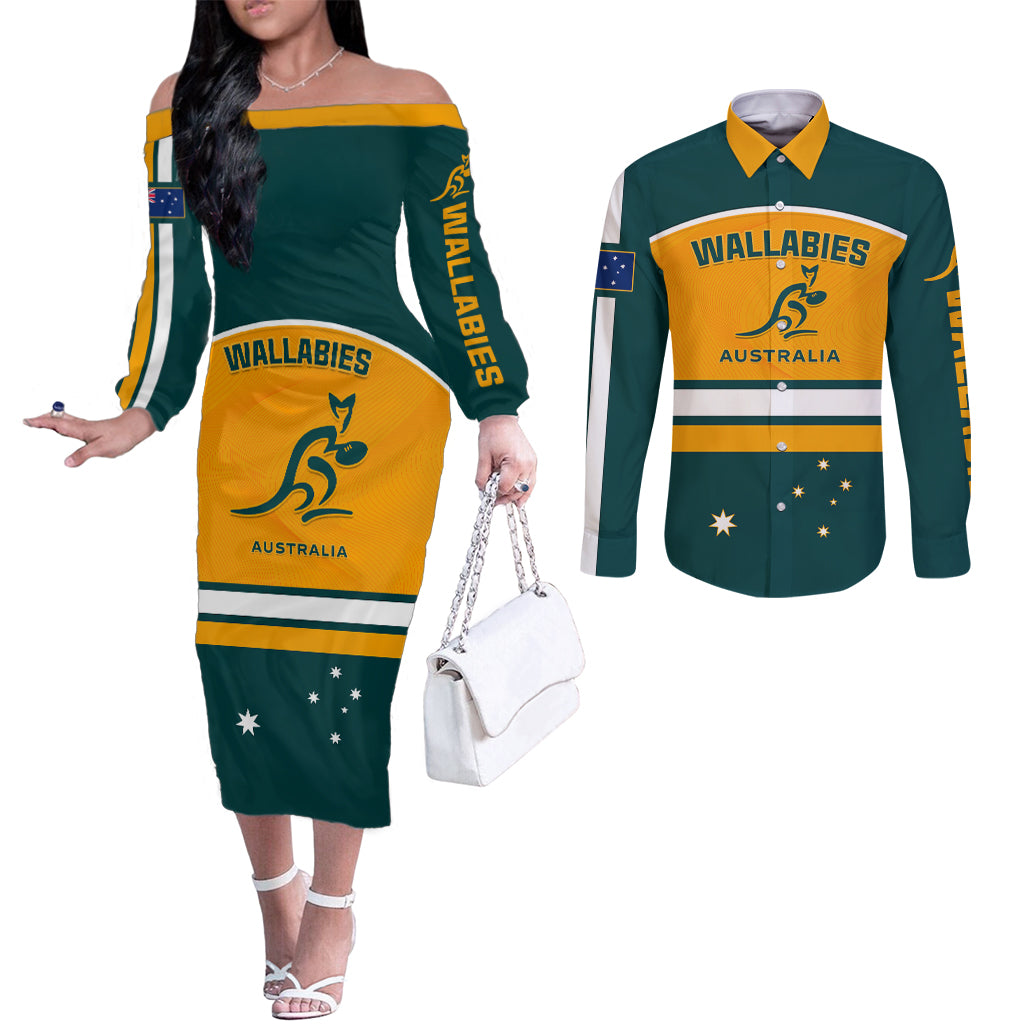 australia-rugby-couples-matching-off-the-shoulder-long-sleeve-dress-and-long-sleeve-button-shirts-wallabies-go-2023-world-cup