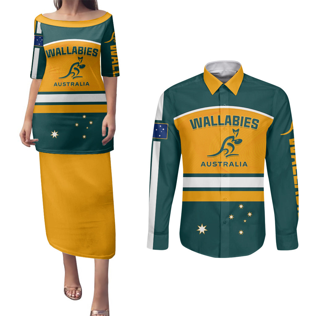 Australia Rugby Couples Matching Puletasi Dress and Long Sleeve Button Shirts Wallabies Go 2023 World Cup - Wonder Print Shop