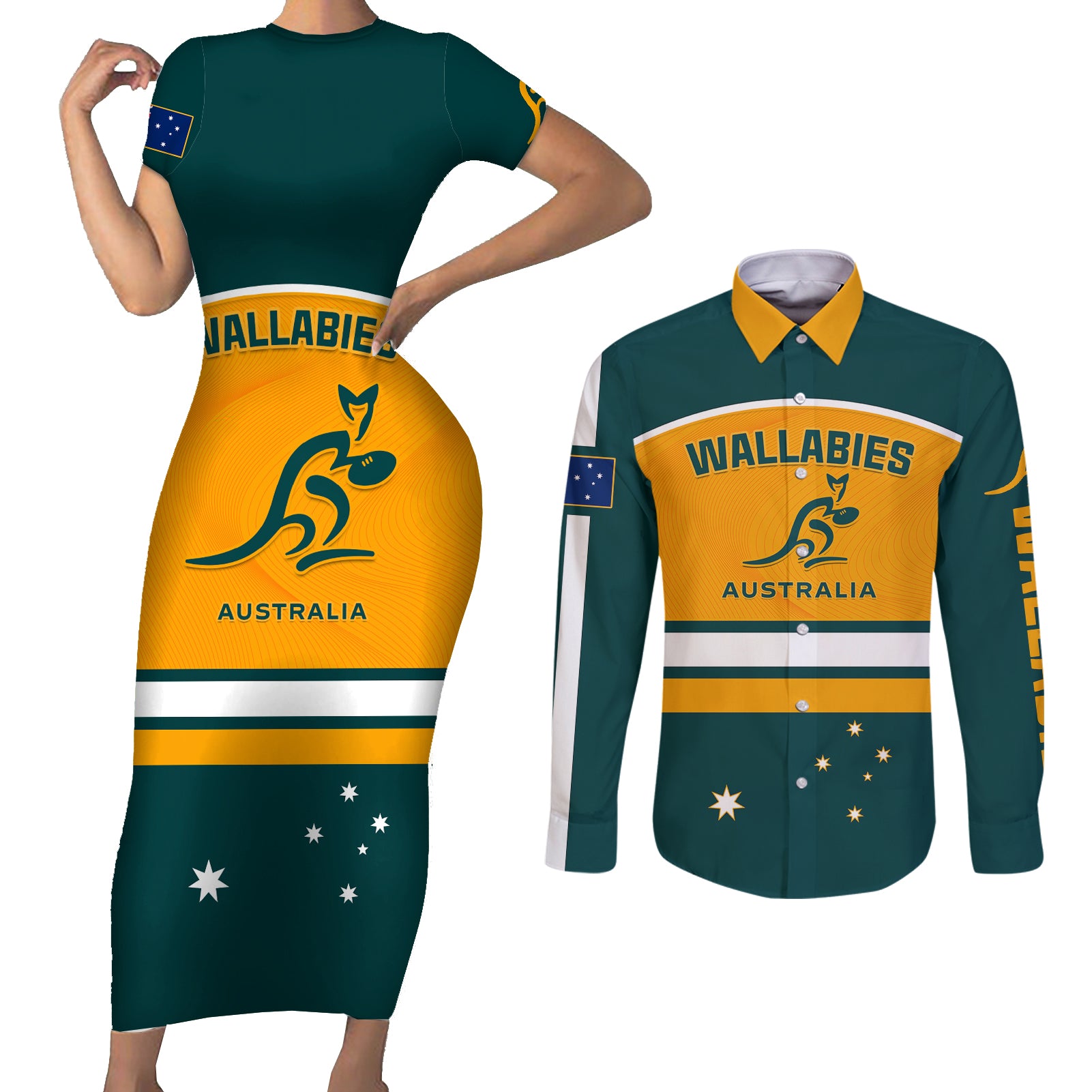 Australia Rugby Couples Matching Short Sleeve Bodycon Dress and Long Sleeve Button Shirts Wallabies Go 2023 World Cup - Wonder Print Shop