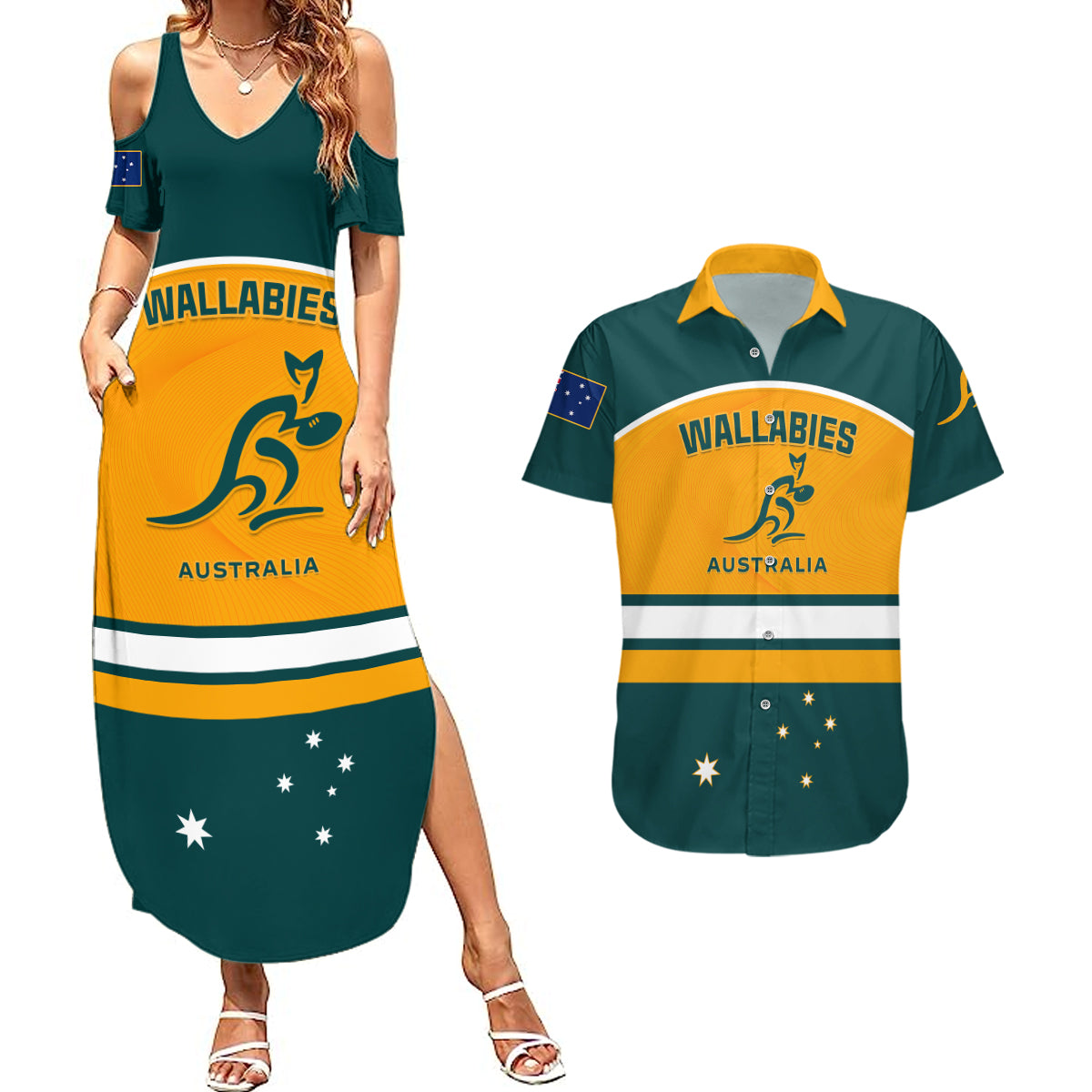 Australia Rugby Couples Matching Summer Maxi Dress and Hawaiian Shirt Wallabies Go 2023 World Cup - Wonder Print Shop