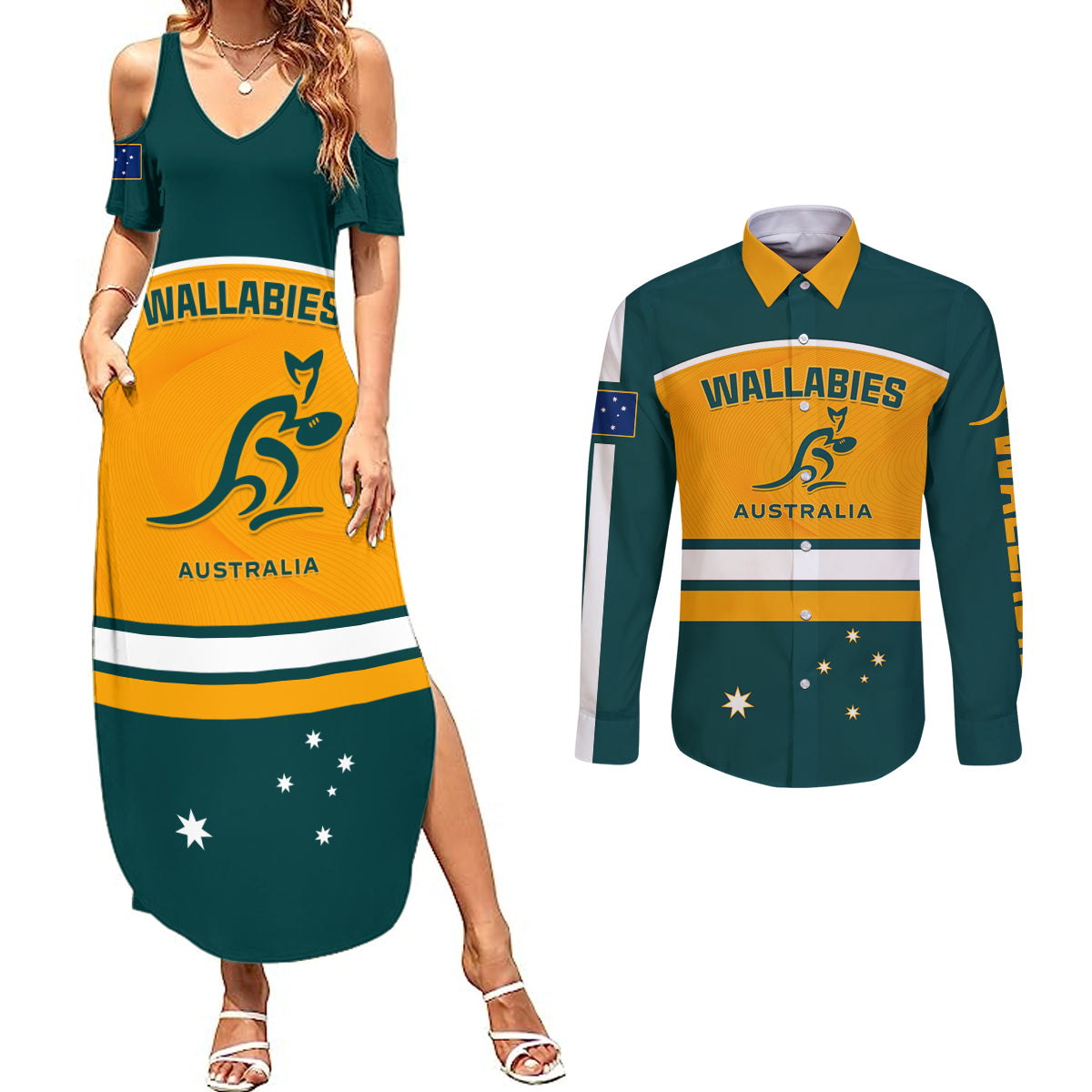 Australia Rugby Couples Matching Summer Maxi Dress and Long Sleeve Button Shirts Wallabies Go 2023 World Cup - Wonder Print Shop