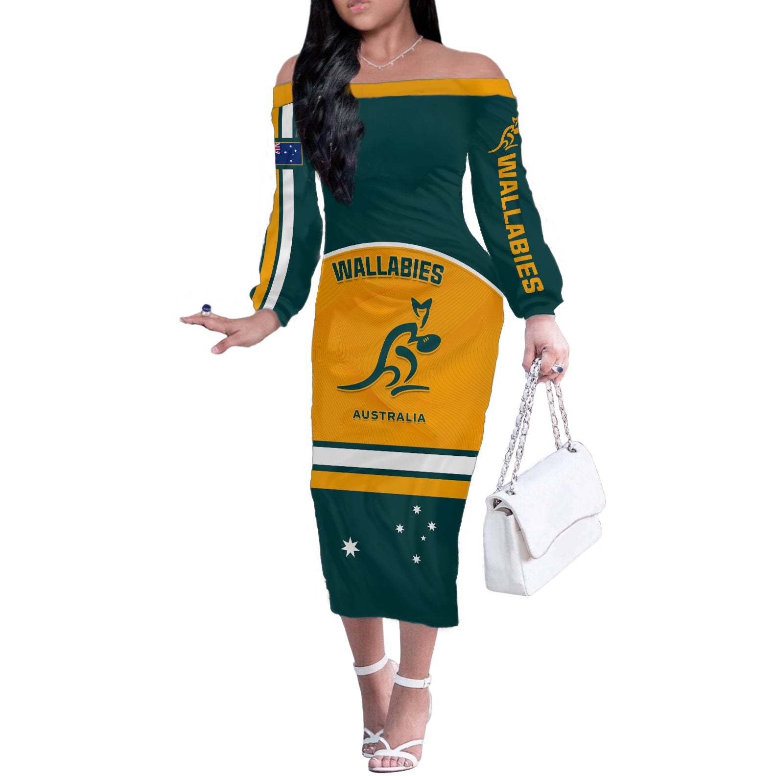 Australia Rugby Off The Shoulder Long Sleeve Dress Wallabies Go 2023 World Cup - Wonder Print Shop