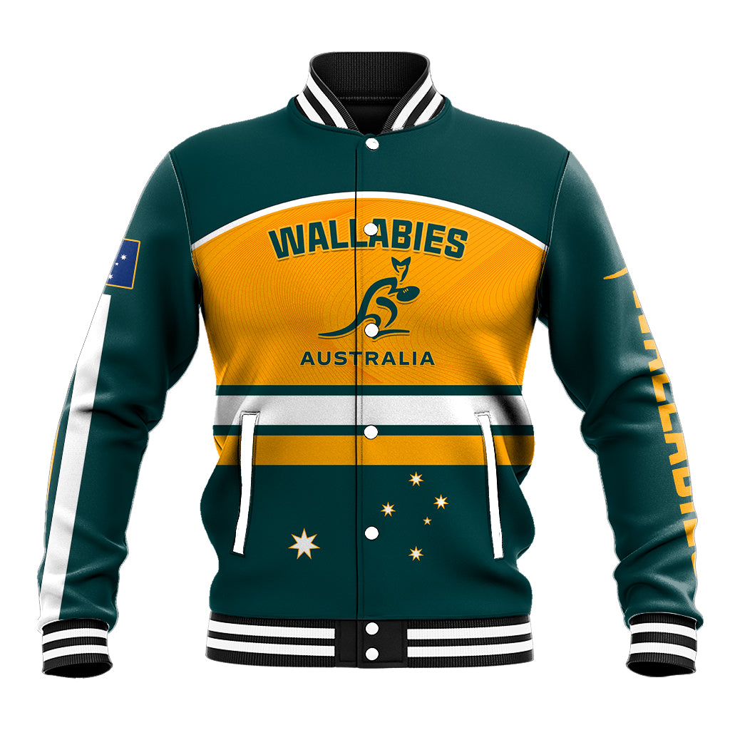Unisex teal and gold rugby baseball jacket, front 'WALLABIES AUSTRALIA' with kangaroo logo