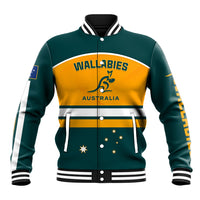 Unisex teal and gold rugby baseball jacket, front 'WALLABIES AUSTRALIA' with kangaroo logo