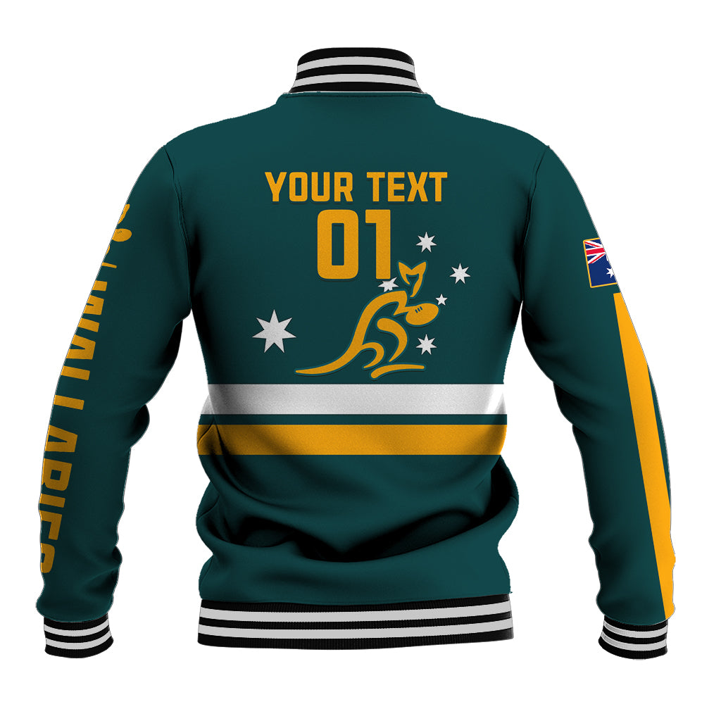 Unisex teal rugby baseball jacket, back graphic 'YOUR TEXT 01' with stars and stripes