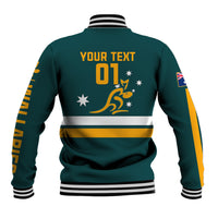Unisex teal rugby baseball jacket, back graphic 'YOUR TEXT 01' with stars and stripes