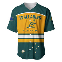 Green rugby baseball jersey with yellow center panel, Wallabies Australia logo and V-neck