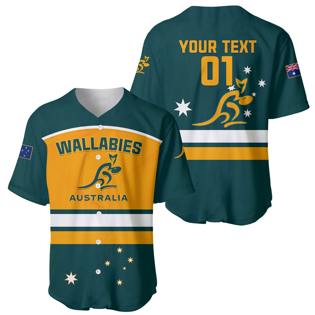 Two green rugby baseball jerseys: front with Wallabies logo, back with YOUR TEXT 01