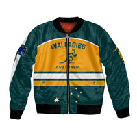 Yellow and green Australia rugby bomber jacket with Wallabies crest and stripe front