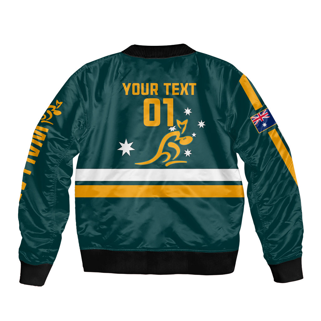 Green and yellow bomber jacket back with YOUR TEXT 01, stars, and kangaroo emblem
