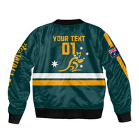 Green and yellow bomber jacket back with YOUR TEXT 01, stars, and kangaroo emblem