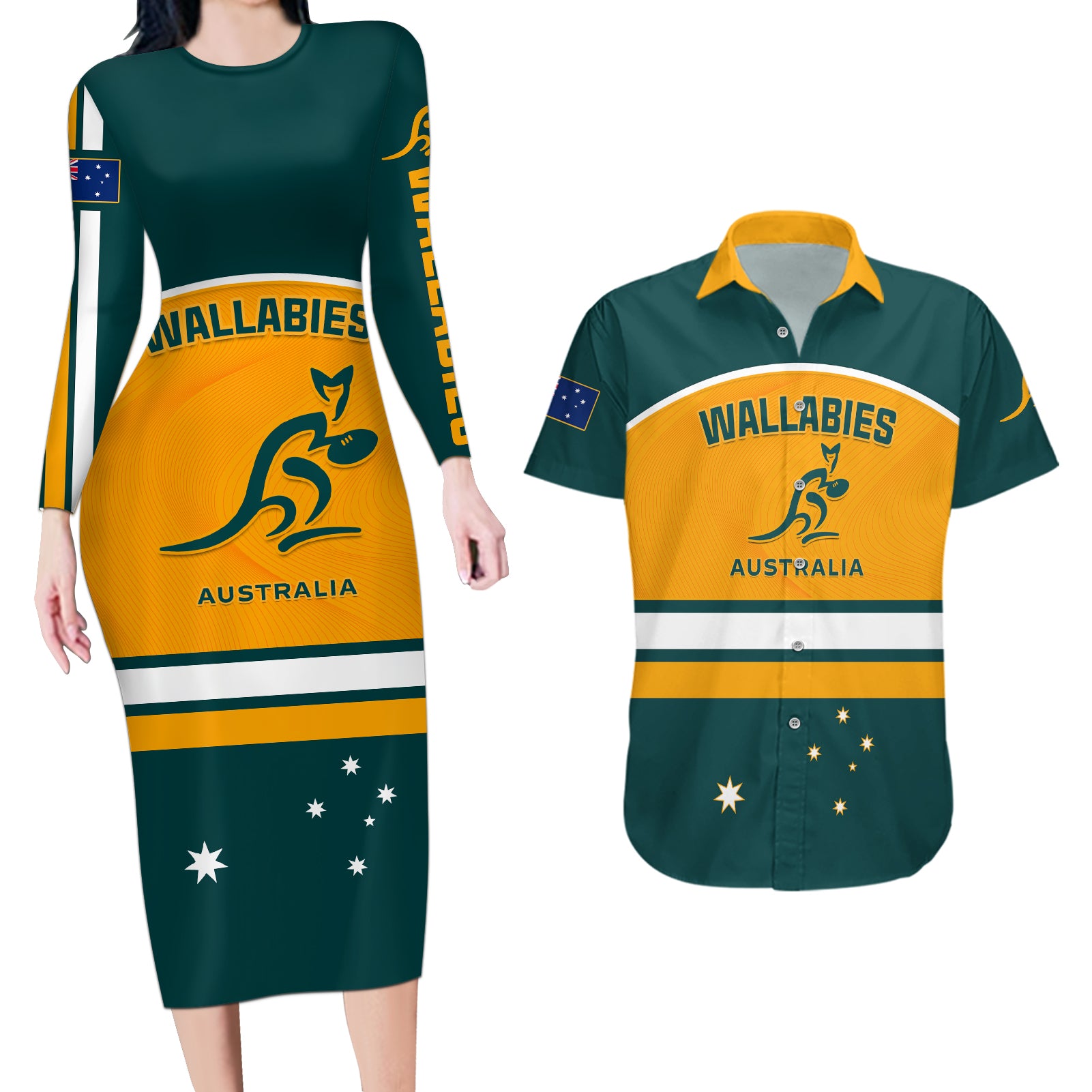 Custom Australia Rugby Couples Matching Long Sleeve Bodycon Dress and Hawaiian Shirt Wallabies Go 2023 World Cup - Wonder Print Shop