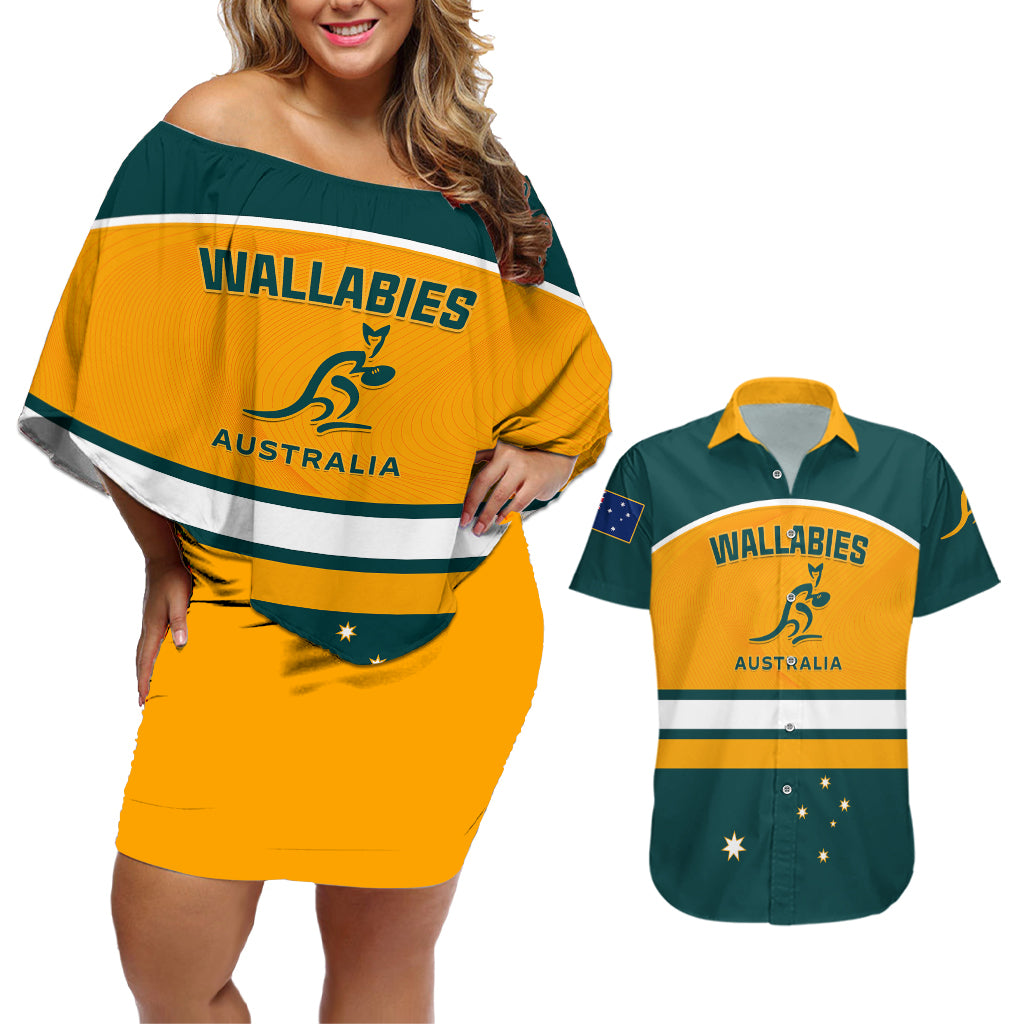 Custom Australia Rugby Couples Matching Off Shoulder Short Dress and Hawaiian Shirt Wallabies Go 2023 World Cup - Wonder Print Shop