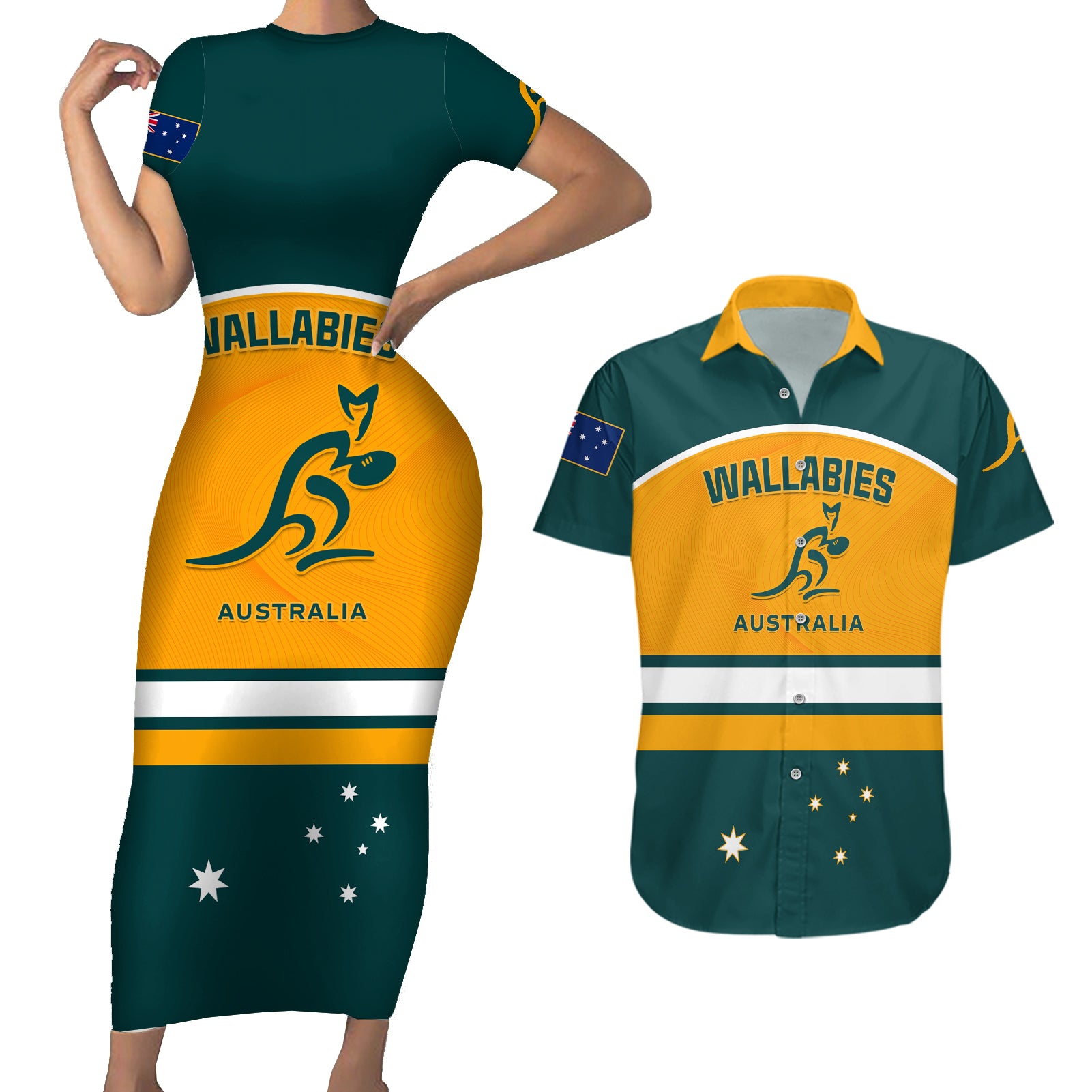 Custom Australia Rugby Couples Matching Short Sleeve Bodycon Dress and Hawaiian Shirt Wallabies Go 2023 World Cup - Wonder Print Shop