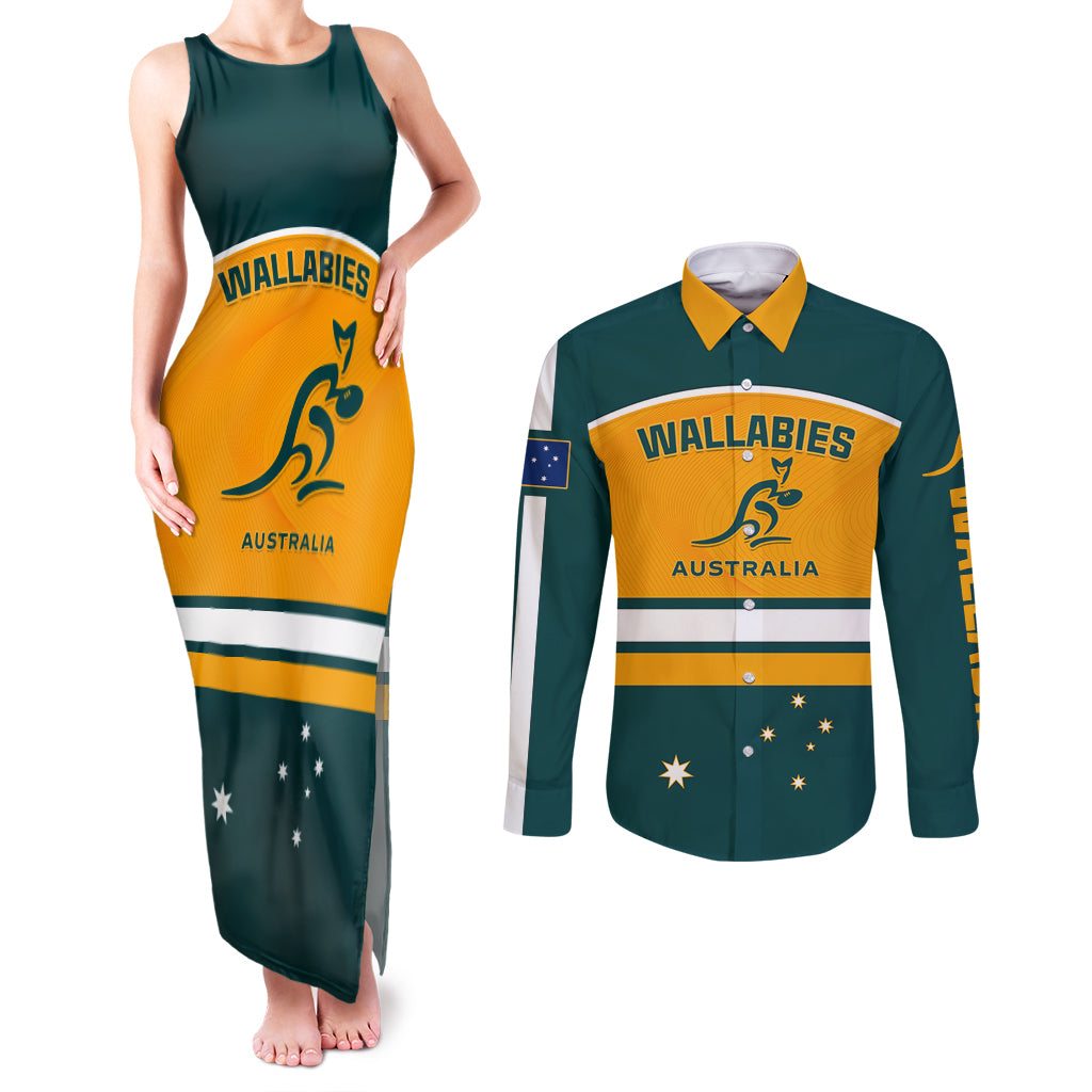 Custom Australia Rugby Couples Matching Tank Maxi Dress and Long Sleeve Button Shirts Wallabies Go 2023 World Cup - Wonder Print Shop