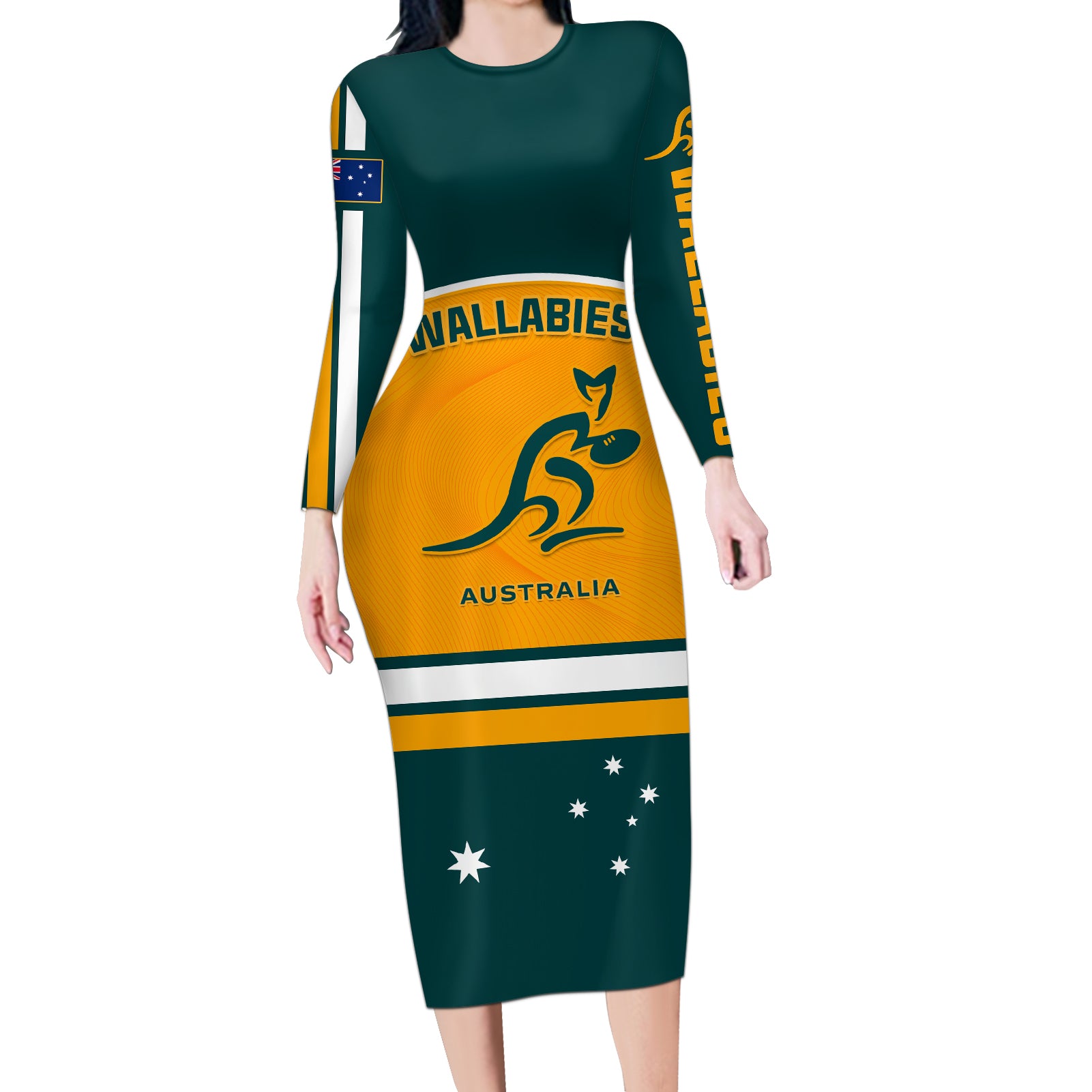 Custom Australia Rugby Long Sleeve Bodycon Dress Wallabies Go 2023 World Cup - Wonder Print Shop