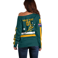 Women’s off-shoulder rugby sweater, back view: “YOUR TEXT 01” with Australia-themed graphics