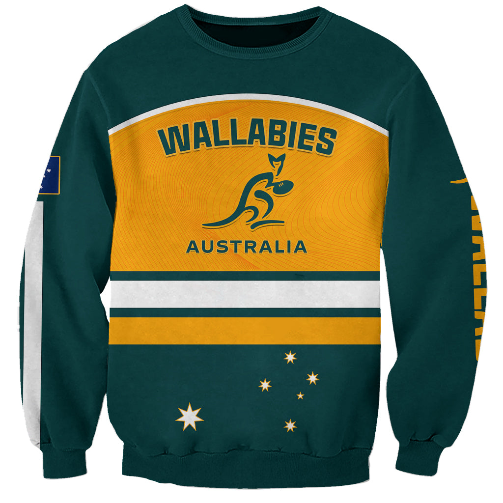 Unisex dark green rugby sweatshirt with yellow/white front graphic, stars and kangaroo