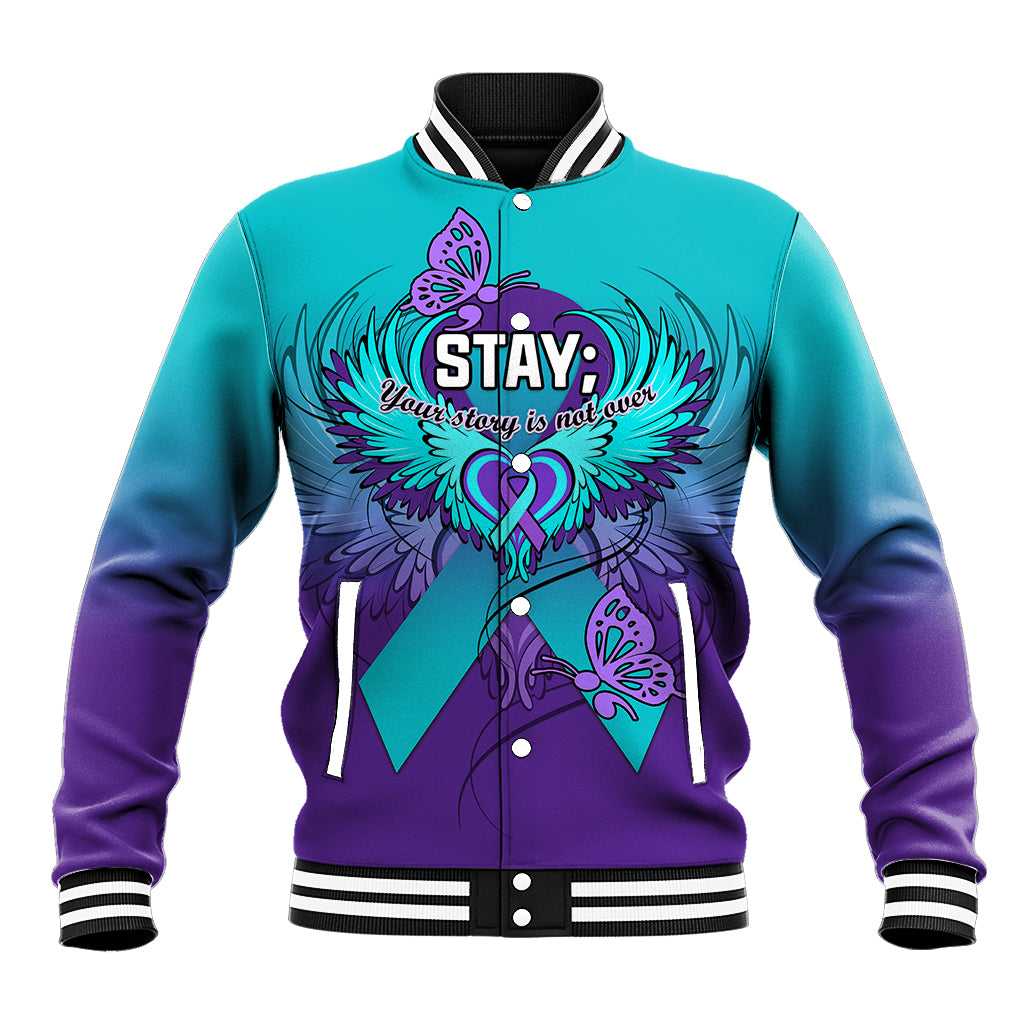 Unisex purple and teal baseball jacket with butterfly heart graphic and snap button front