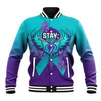Unisex purple and teal baseball jacket with butterfly heart graphic and snap button front