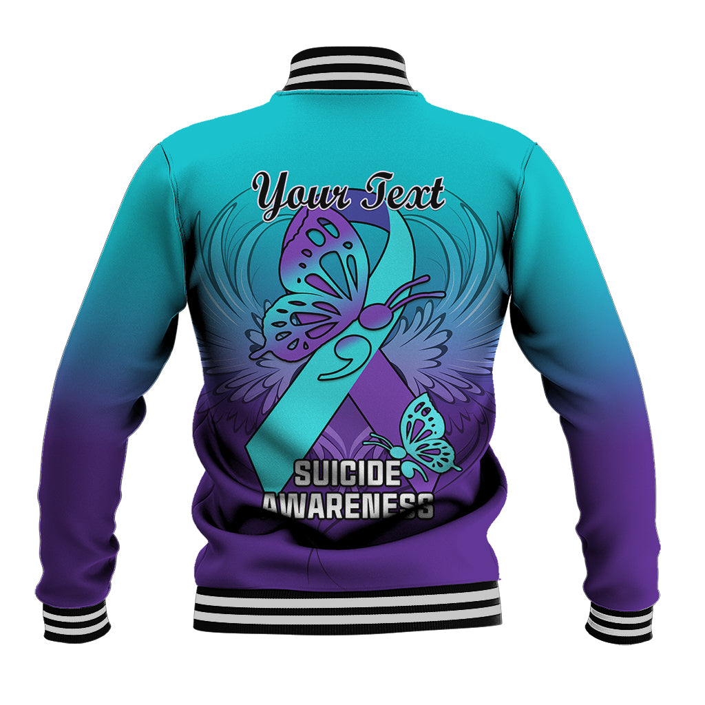 Unisex purple and teal baseball jacket back with large butterfly and awareness text