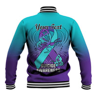 Unisex purple and teal baseball jacket back with large butterfly and awareness text