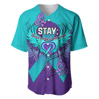 Teal baseball jersey with purple accents, butterfly wing graphic and 'STAY' front text
