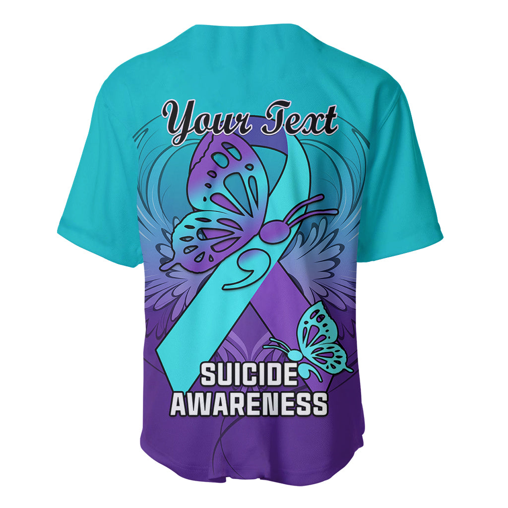 Teal baseball jersey with purple hem, back butterfly design with 'Your Text' and 'SUICIDE AWARENESS'