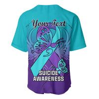 Teal baseball jersey with purple hem, back butterfly design with 'Your Text' and 'SUICIDE AWARENESS'