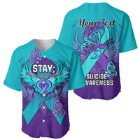 Teal baseball jersey shown front and back, butterfly ribbon art with 'STAY' and 'Your Text'