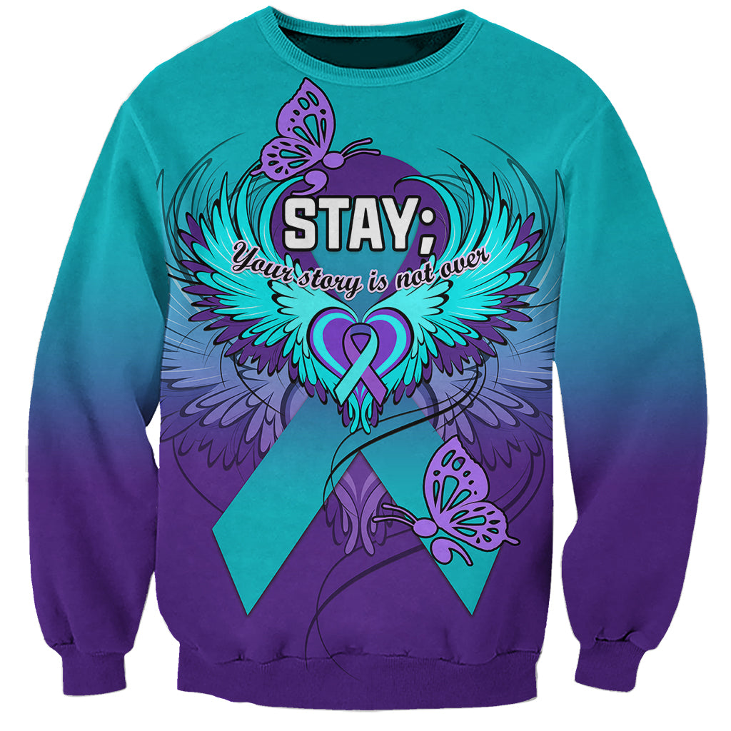 Unisex teal and purple sweatshirt with Stay your story ribbon graphic, long sleeves