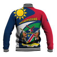Multicolor rugby baseball jacket with ribbed collar, striped cuffs, large back crest graphic