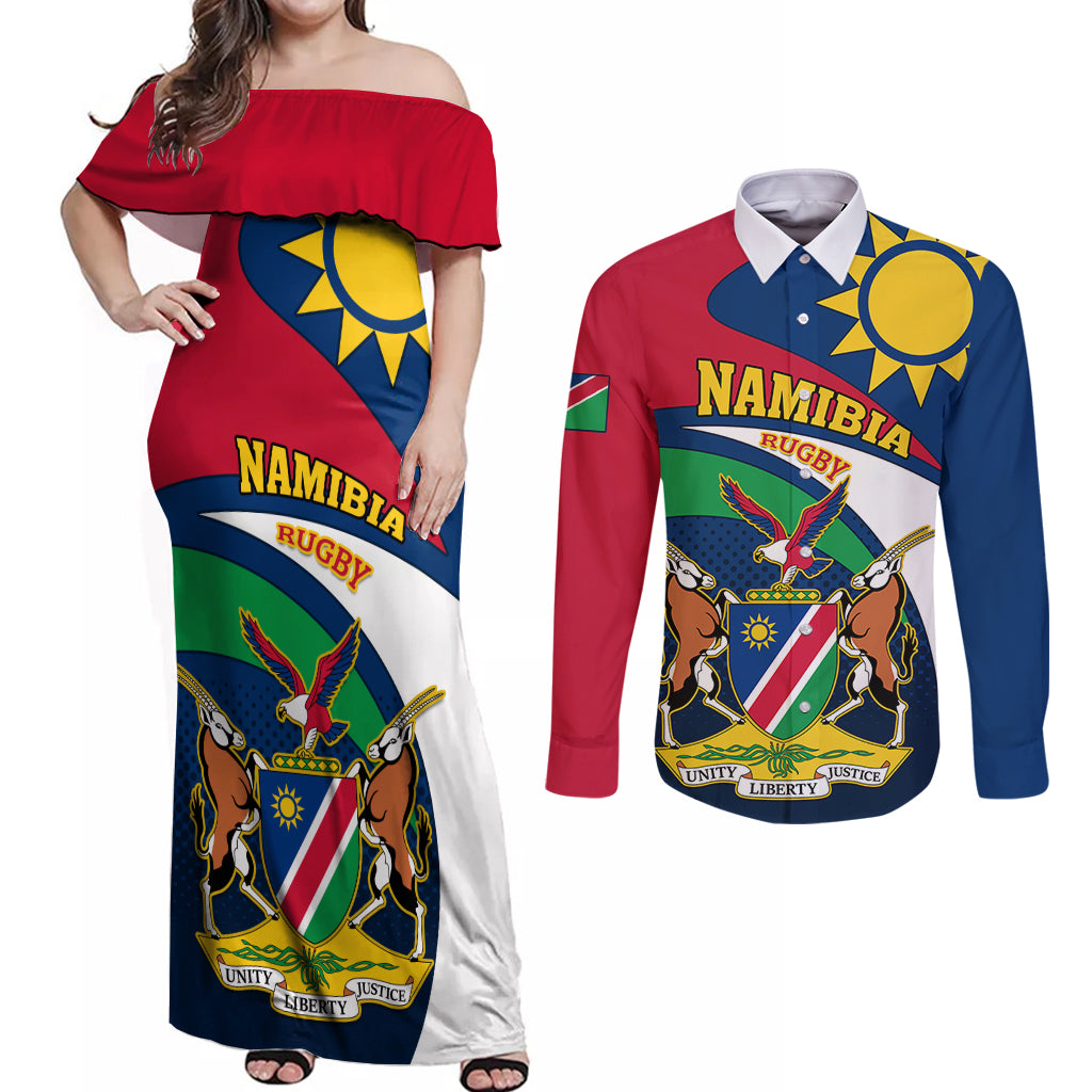 Namibia Rugby Couples Matching Off Shoulder Maxi Dress and Long Sleeve Button Shirts Welwitschias Go 2023 World Cup - Wonder Print Shop