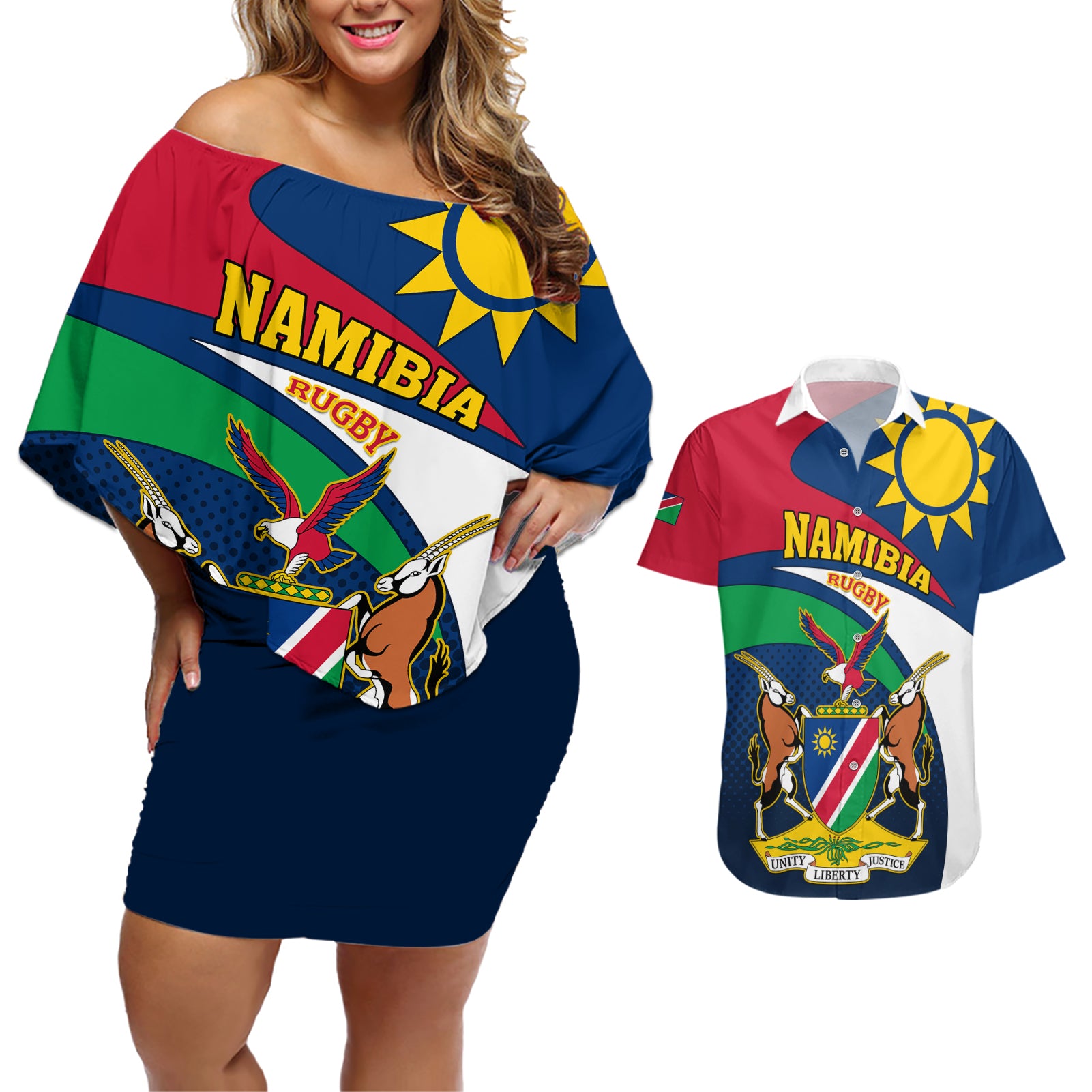 Namibia Rugby Couples Matching Off Shoulder Short Dress and Hawaiian Shirt Welwitschias Go 2023 World Cup - Wonder Print Shop