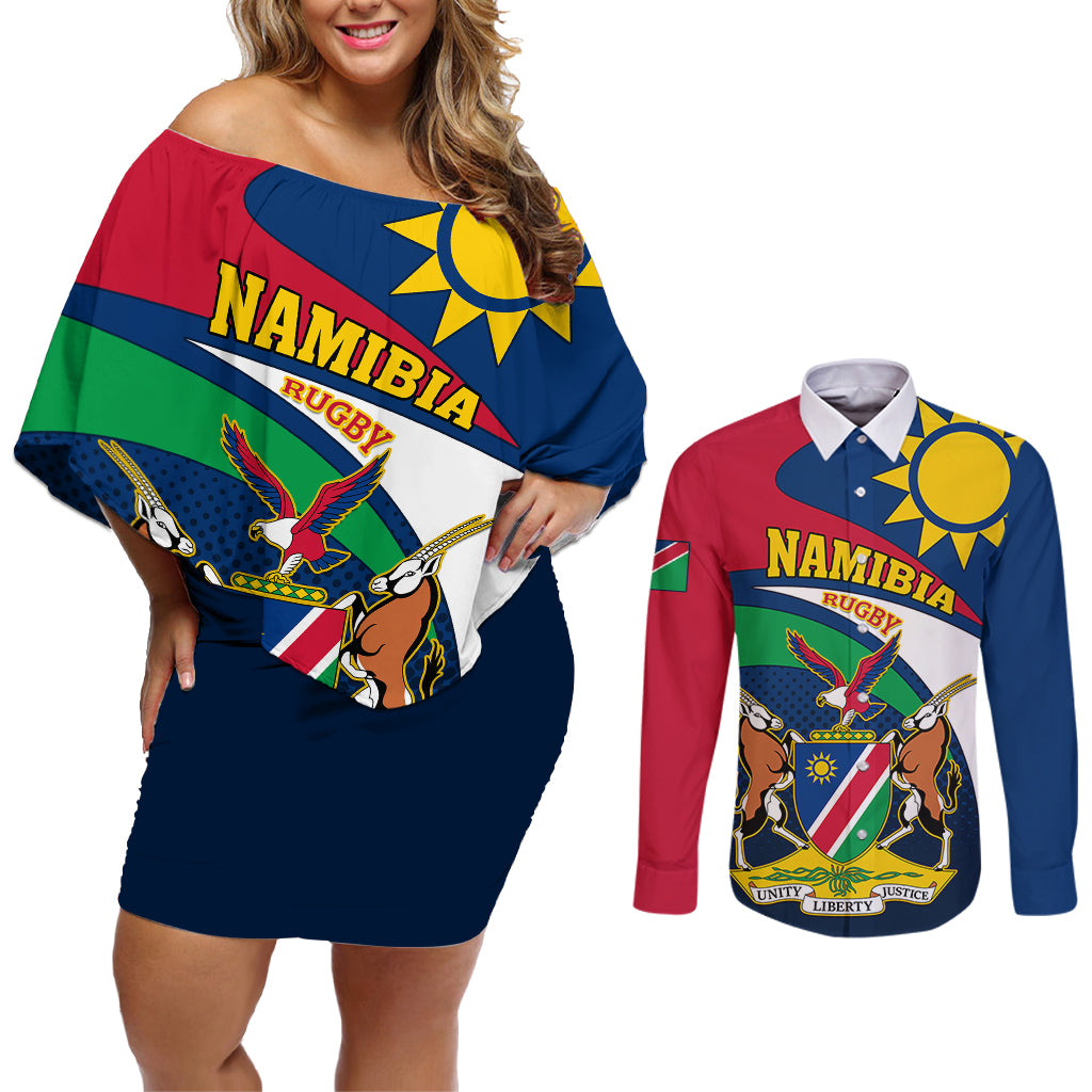 Namibia Rugby Couples Matching Off Shoulder Short Dress and Long Sleeve Button Shirts Welwitschias Go 2023 World Cup - Wonder Print Shop