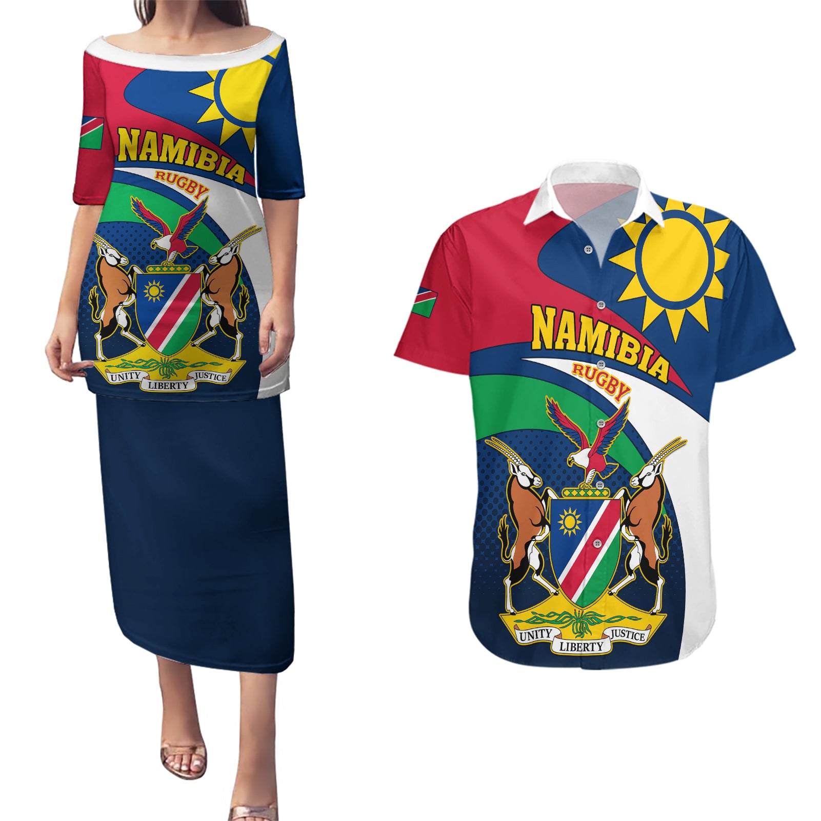 Namibia Rugby Couples Matching Puletasi Dress and Hawaiian Shirt Welwitschias Go 2023 World Cup - Wonder Print Shop