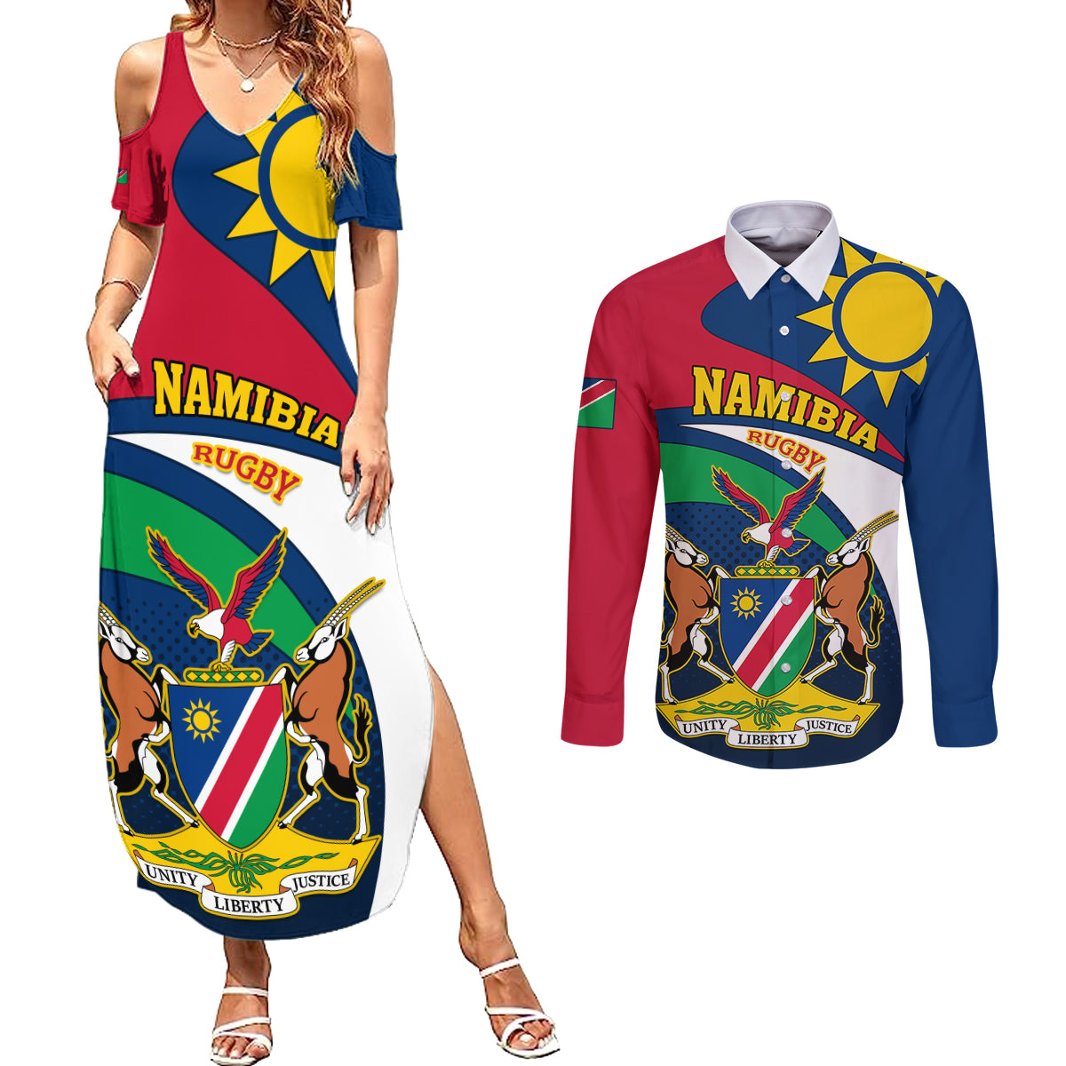 Namibia Rugby Couples Matching Summer Maxi Dress and Long Sleeve Button Shirts Welwitschias Go 2023 World Cup - Wonder Print Shop