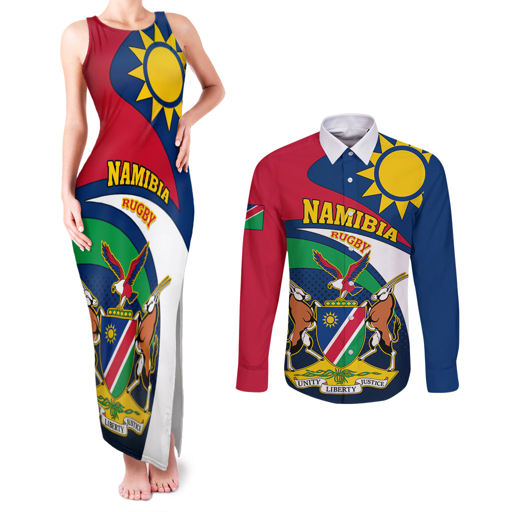 Namibia Rugby Couples Matching Tank Maxi Dress and Long Sleeve Button Shirts Welwitschias Go 2023 World Cup - Wonder Print Shop