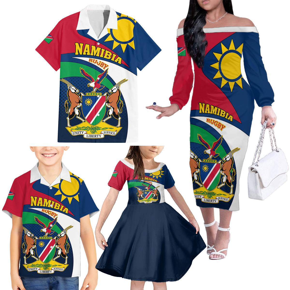 Namibia Rugby Family Matching Off Shoulder Long Sleeve Dress and Hawaiian Shirt Welwitschias Go 2023 World Cup - Wonder Print Shop