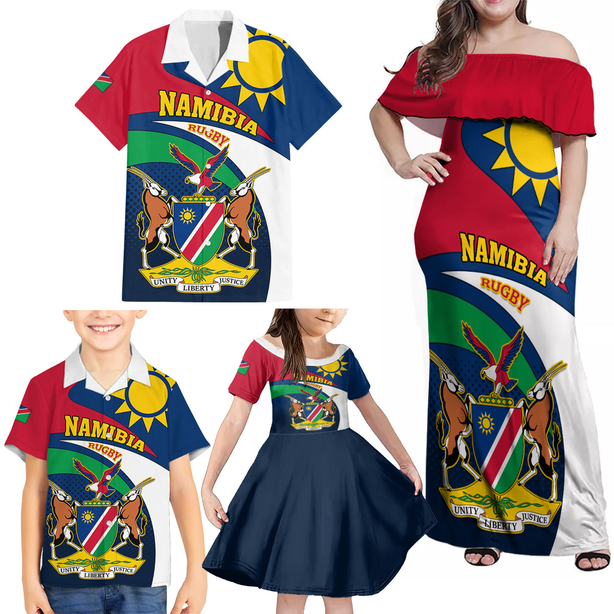 Namibia Rugby Family Matching Off Shoulder Maxi Dress and Hawaiian Shirt Welwitschias Go 2023 World Cup - Wonder Print Shop