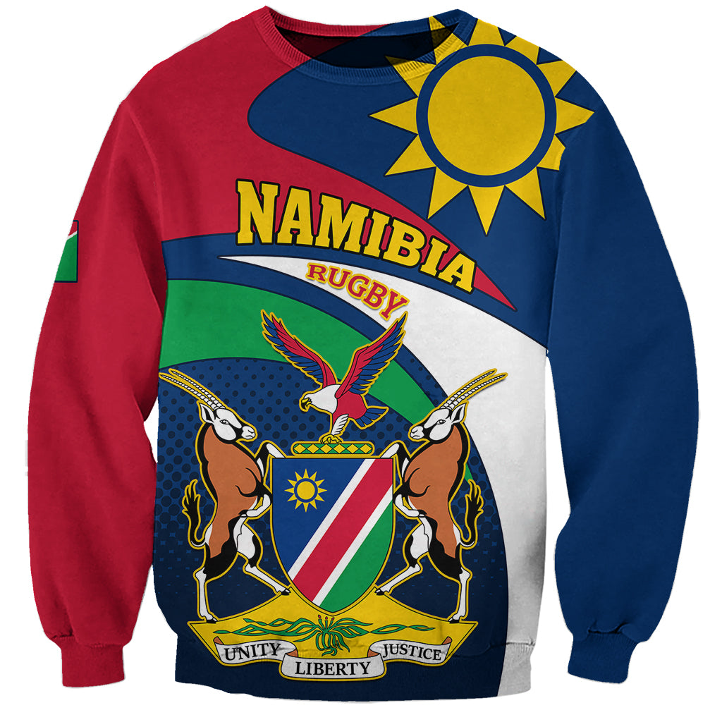Rugby sweatshirt in red, blue, and green with Namibia crest and sun graphic