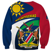 Rugby sweatshirt with Welwitschias text and Namibia crest on navy and red design