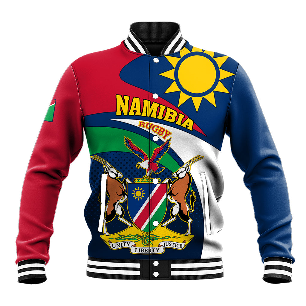 Rugby baseball jacket with front multicolor Namibia crest, striped ribbed collar and cuffs