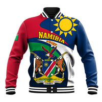 Rugby baseball jacket with front multicolor Namibia crest, striped ribbed collar and cuffs