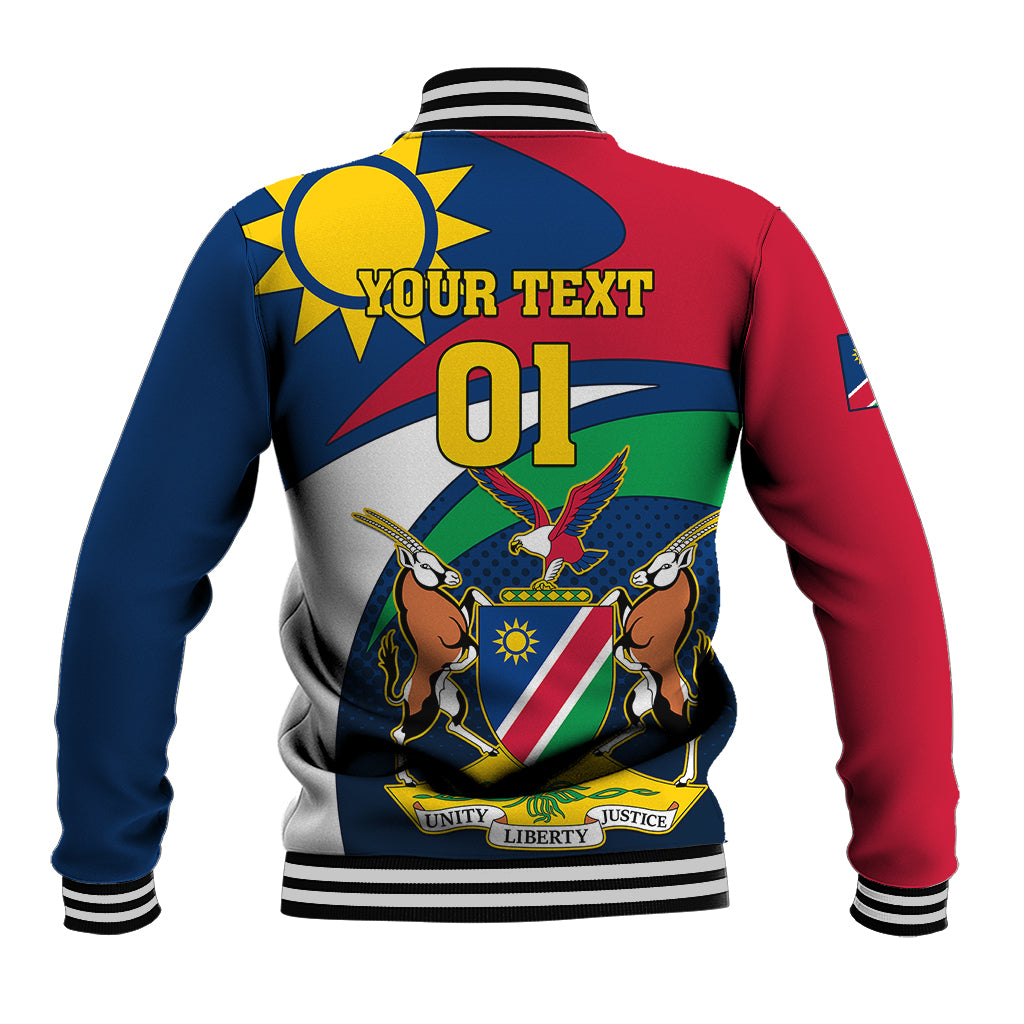 Rugby baseball jacket back print with 'YOUR TEXT 01' over Namibia crest, ribbed cuffs