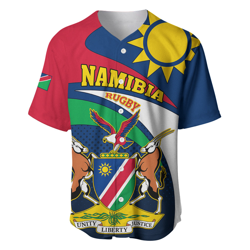 Namibia rugby baseball jersey, blue/red; Namibia Rugby crest with Unity Liberty Justice