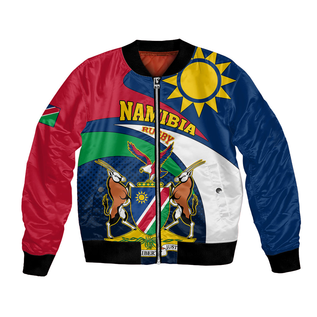 Unisex bomber jacket with zip; ribbed cuffs, blue/red/white panels with Namibia emblem