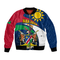 Unisex bomber jacket with zip; ribbed cuffs, blue/red/white panels with Namibia emblem