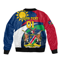 Bomber jacket back with 'YOUR TEXT' and '01'; blue/red/white panels with crest graphic