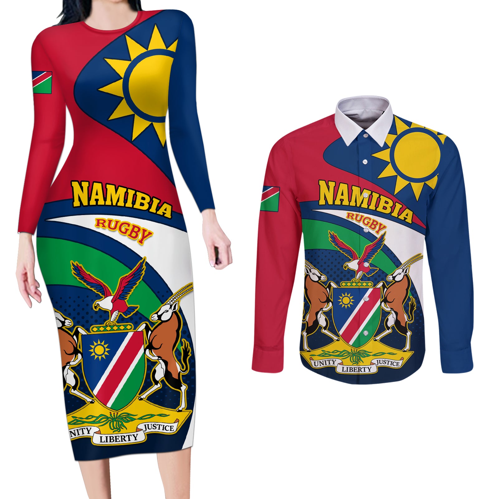 Custom Namibia Rugby Couples Matching Long Sleeve Bodycon Dress and Long Sleeve Button Shirts Welwitschias Go 2023 World Cup - Wonder Print Shop